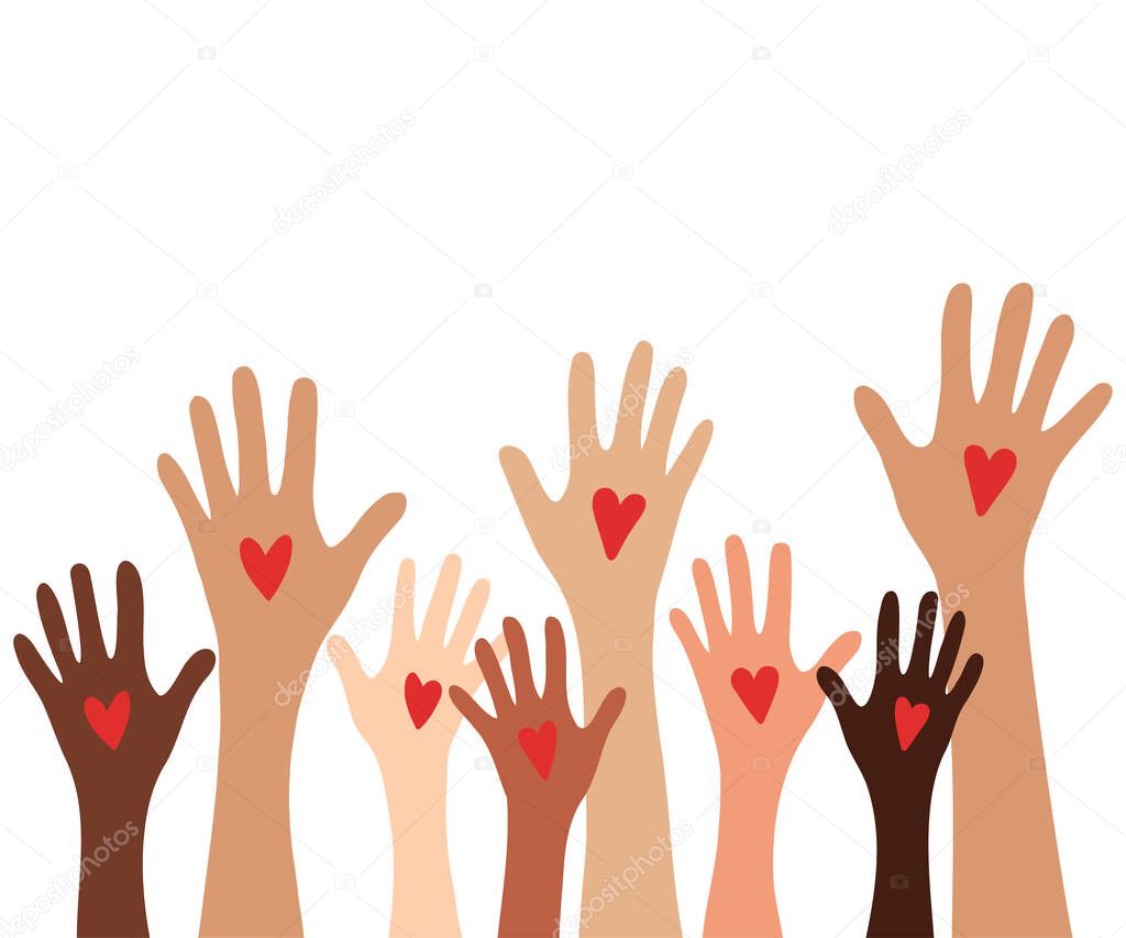Colored hands up with hearts. Charity and donation concept. Community. Hands hold a heart symbol. Vector illustration.