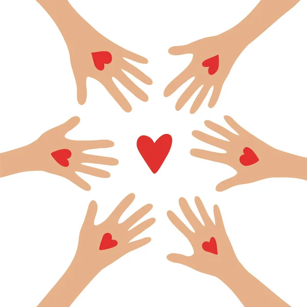 Kezek szívvel. Körbe. Jótékonysági és adományozási koncepció. Osztozom a szerelmemben. Egy szív szimbólumot tartó kezek. Lapos vektor illusztráció. — Stock Vector