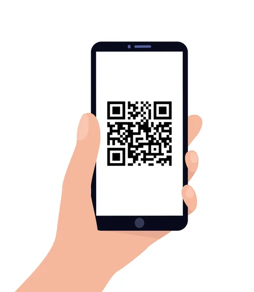 Hand holds smartphone on white isolated background. QR code on the phone screen. Flat vector illustration. — Stock Vector