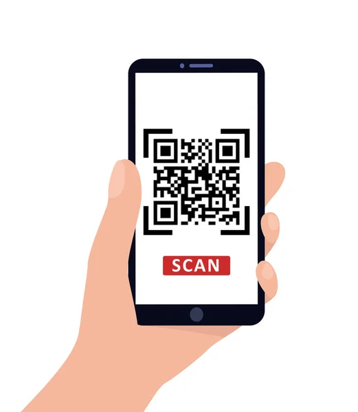 Hand holds smartphone on white isolated background. Scan QR code on the phone screen. Flat vector illustration. — Stock Vector