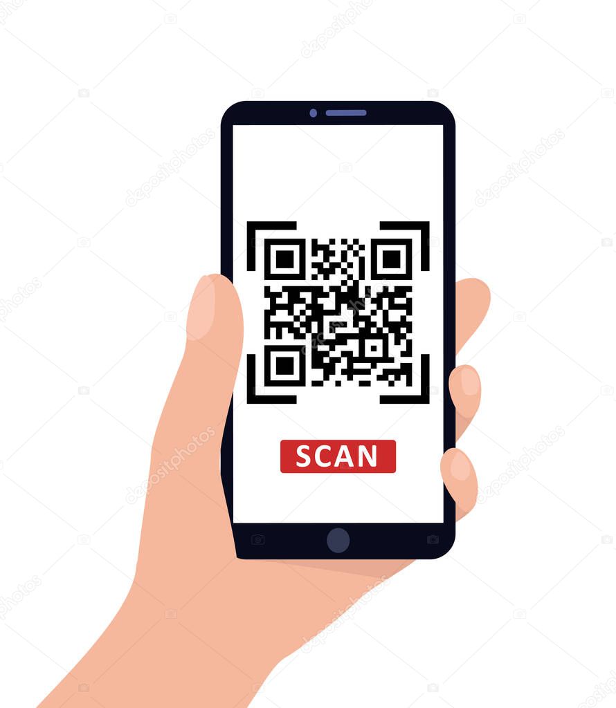 Hand holds smartphone on white isolated background. Scan QR code on the phone screen. Flat vector illustration.