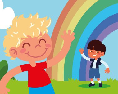 Gökkuşağı ile mutlu çocuklar