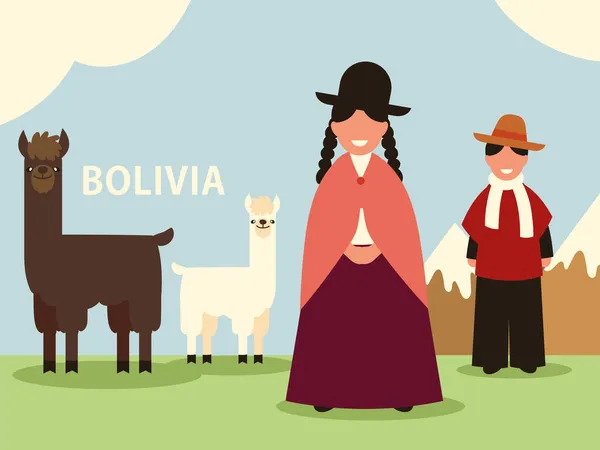 Bolivya çifti ve lama — Stok Vektör