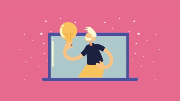 Portátil con hombre y bombilla de animación de medios sociales — Vídeo de stock