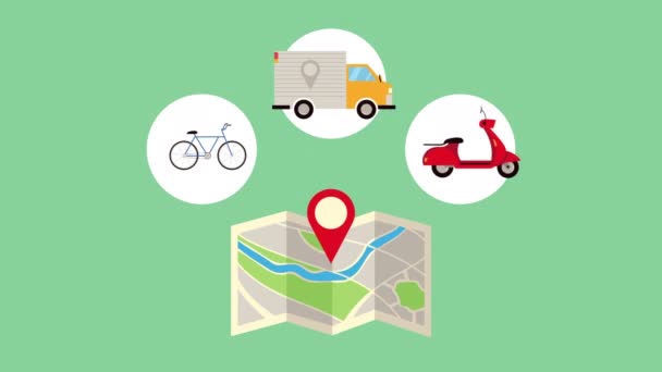 Paper map and delivery service vehicles animation — Stock Video