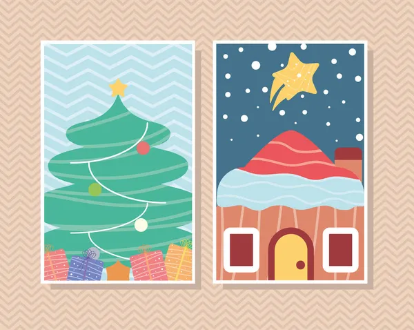 Casa de Navidad y árbol — Vector de stock