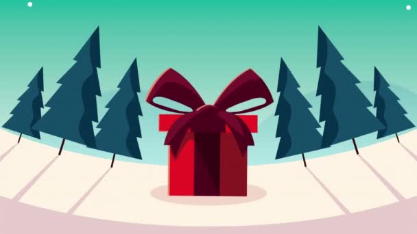 Vrolijk kerstfeest animatie met cadeau in snowscape — Stockvideo