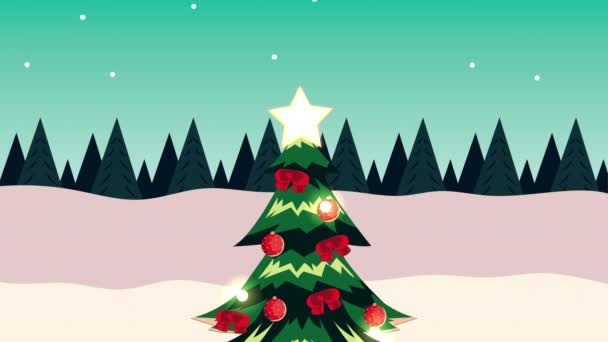 Frohe Weihnachten Animation mit Baum in Schneelandschaft — Stockvideo