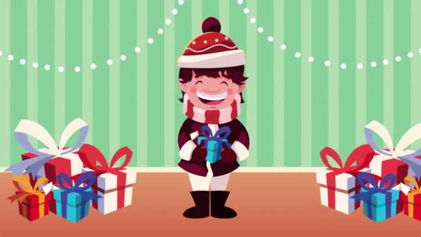 Fröhliche Weihnachtsanimation mit kleinen Jungen und Geschenken — Stockvideo