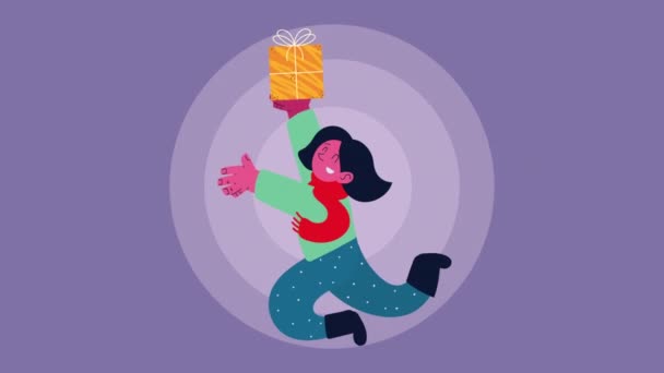 Merry christmas animation with girl lifting gift — Stock Video