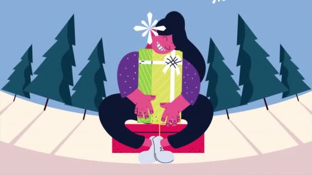 Feliz animación navideña con regalo de abrazo de dama — Vídeo de stock