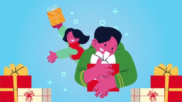 Animación feliz Navidad con los niños pareja y regalos — Vídeos de Stock