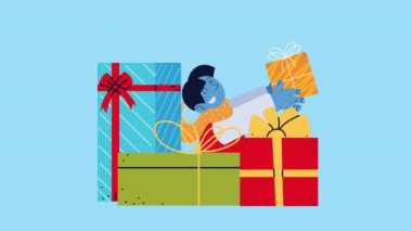 Hediyelerdeki mavi çocukla mutlu noel animasyonları
