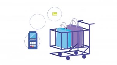 Alışveriş arabası ve simgelerle çevrimiçi ticaret animasyonu