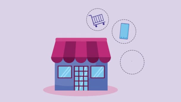 Online commerce animatie met winkel en pictogrammen — Stockvideo