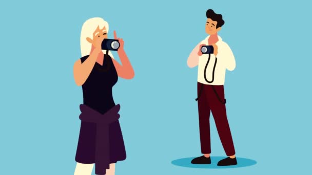 Photographers couple standing characters animation — Stock Video