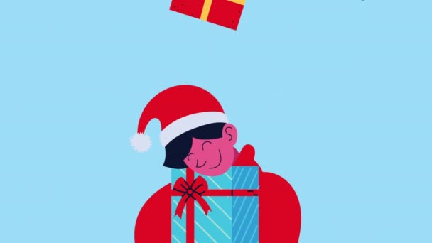 Весёлой рождественской анимации с маленьким мальчиком и подарком — стоковое видео