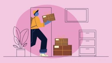 Ev teslimat servisinde kutuları olan kurye.