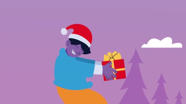 Wesołych Świąt animacja z fioletowy chłopiec podnoszenie prezent — Wideo stockowe