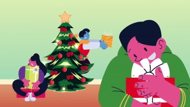 Καλά Χριστούγεννα κινούμενα σχέδια με ζευγάρι αγκαλιάζει δώρα — Αρχείο Βίντεο