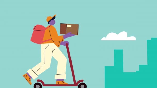 Кур'єр в ковзанах на міській службі доставки — стокове відео