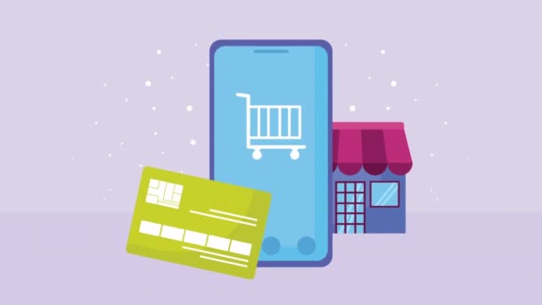 Comercio online con smartphone y tienda — Vídeo de stock