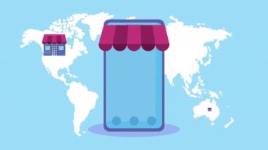 Dünya haritalarında akıllı telefon ile çevrimiçi ticaret animasyonu