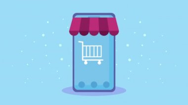 Akıllı telefon ve alışveriş arabasıyla çevrimiçi ticaret animasyonu