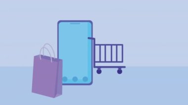 Akıllı telefon ve alışveriş çantası ile çevrimiçi ticaret animasyonu