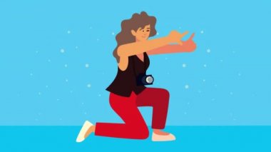 Dizlerindeki kadın fotoğrafçı karakter animasyonu