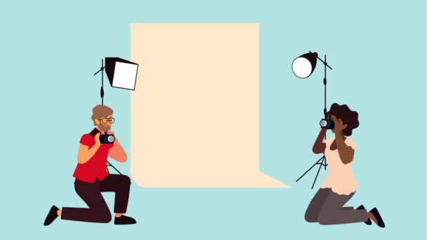 Fotógrafos inter-raciais casal personagens animação — Vídeo de Stock