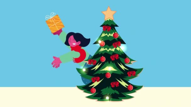 Vrolijk kerstfeest animatie met meisje en dennenboom — Stockvideo