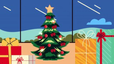 Mutlu noel animasyonları Çam ağacı ve hediyeler ev sahnesi