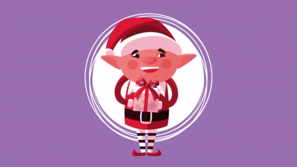 Feliz animación navideña con elfo regalo de elevación — Vídeo de stock