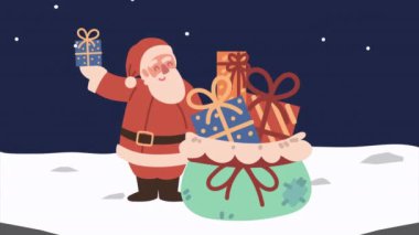 Noel Baba ve hediye çantasıyla mutlu noel animasyonları