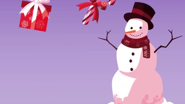 Animación feliz Navidad con muñeco de nieve y patrón de iconos — Vídeos de Stock