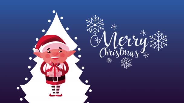 Feliz Natal lettering com elfo na árvore — Vídeo de Stock