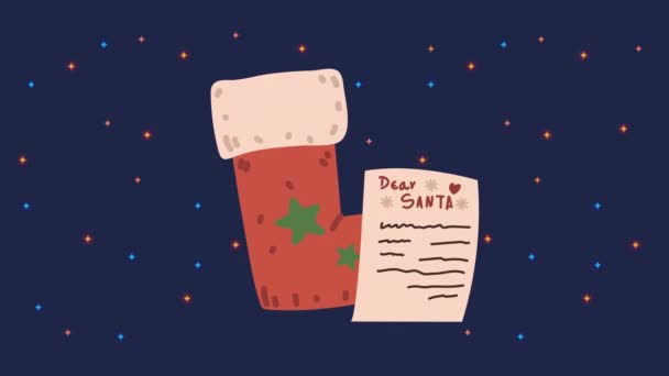 Щаслива весела різдвяна анімація з Сантою шкарпеткою і буквою — стокове відео
