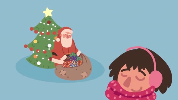 Рождественская анимация с Сантой и маленькой девочкой — стоковое видео