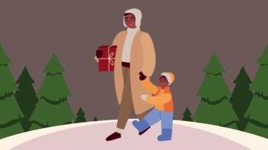 Afro anne ve çocukla mutlu noel animasyonları