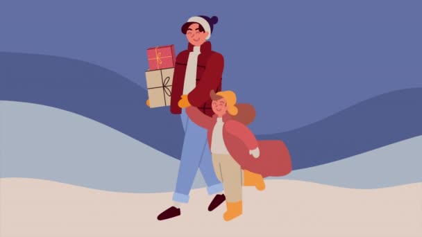 Veselé Vánoce animace s matkou a synem — Stock video