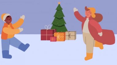 Mutlu Noel animasyonları çocuklar ve ağaçlarla