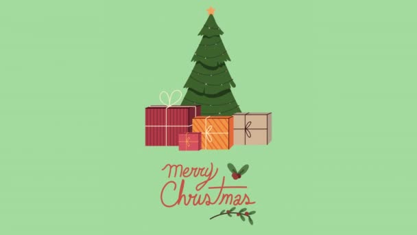 松の木と贈り物とメリークリスマスのレタリング — ストック動画