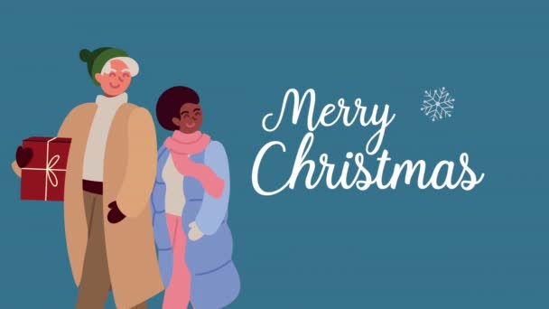 異人種間のカップルとメリークリスマスレタリング — ストック動画
