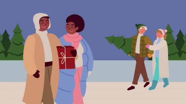 Frohe Weihnachten Animation mit Menschen Gruppe — Stockvideo