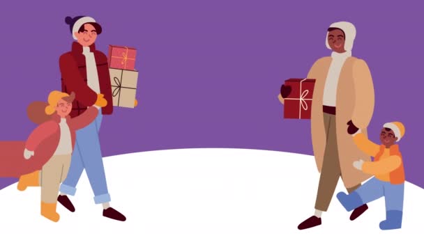 Feliz Feliz Navidad de animación con los padres y los niños — Vídeo de stock