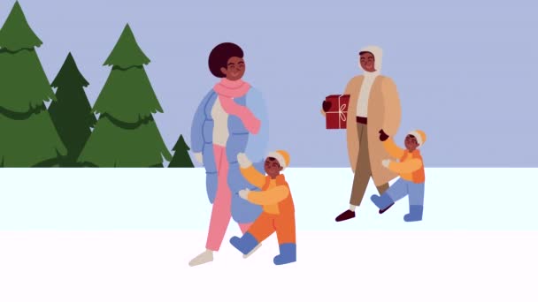 Animación navideña con padres e hijos en paisaje de nieve — Vídeo de stock