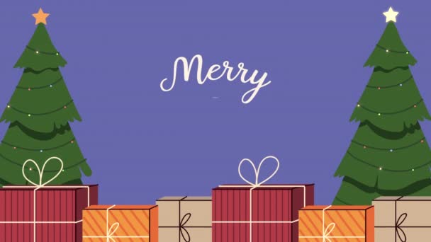 Vrolijk kerstfeest belettering met bomen en geschenken — Stockvideo