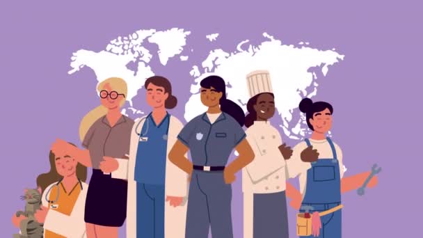 Group of female workers and earth maps — Stock Video