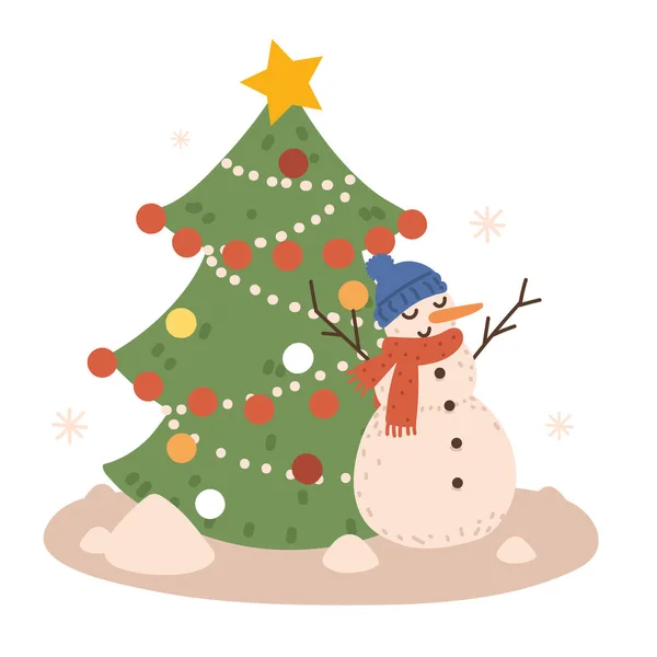Рождественский снеговик и елка — стоковый вектор
